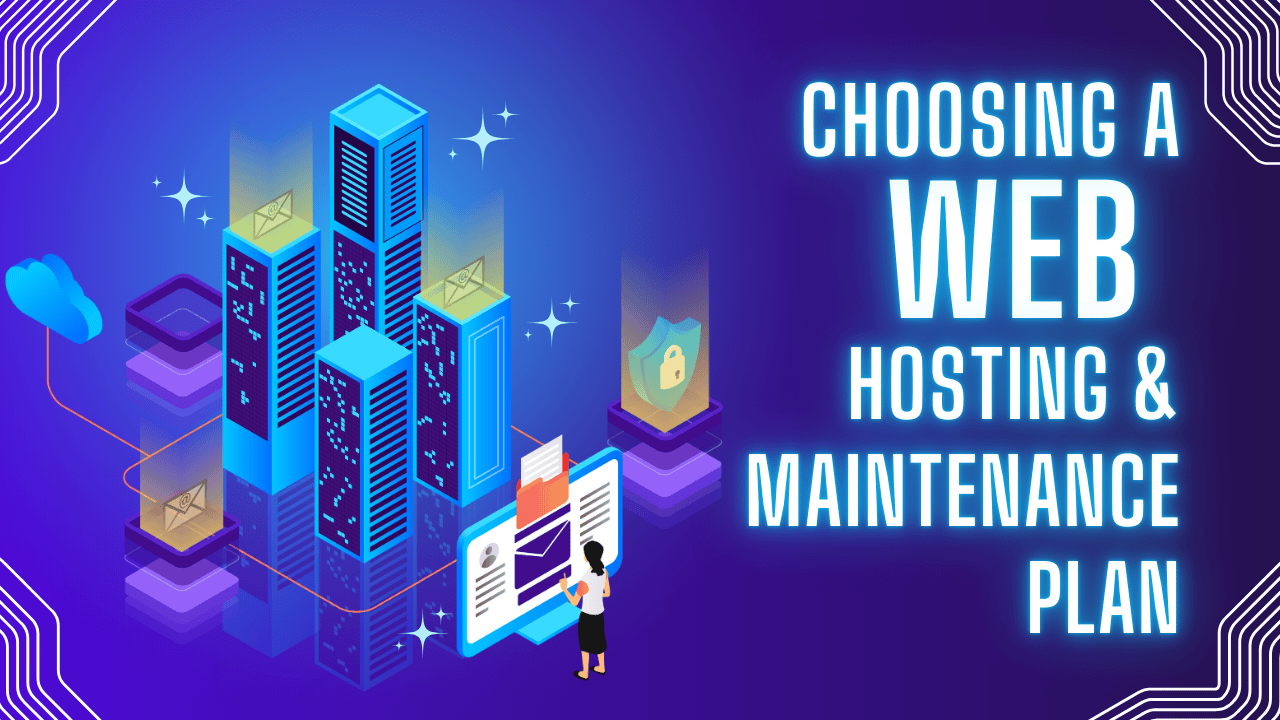 Illustration of data servers and user interface representing choosing a website hosting and maintenance plan for businesses.