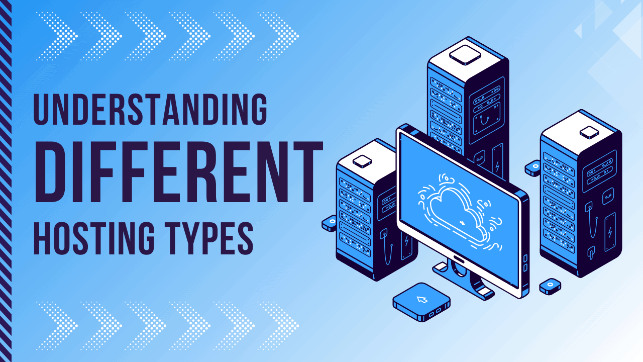Visual comparison of server stacks and cloud interface illustrating different website hosting types including shared, VPS, and cloud hosting.