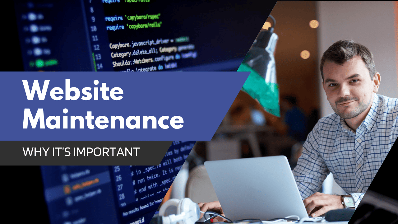 Web developer at laptop with code on screen, emphasizing the importance of website maintenance for performance and security.