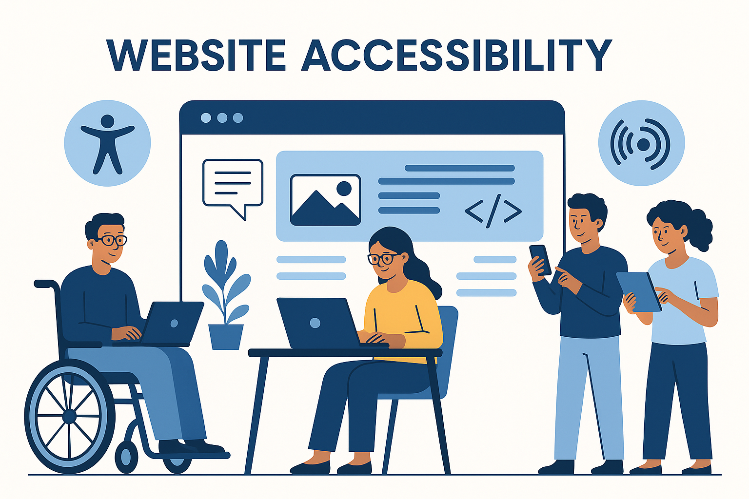 Diverse group of people using laptops, tablets, and phones in front of a “Website Accessibility” graphic.
